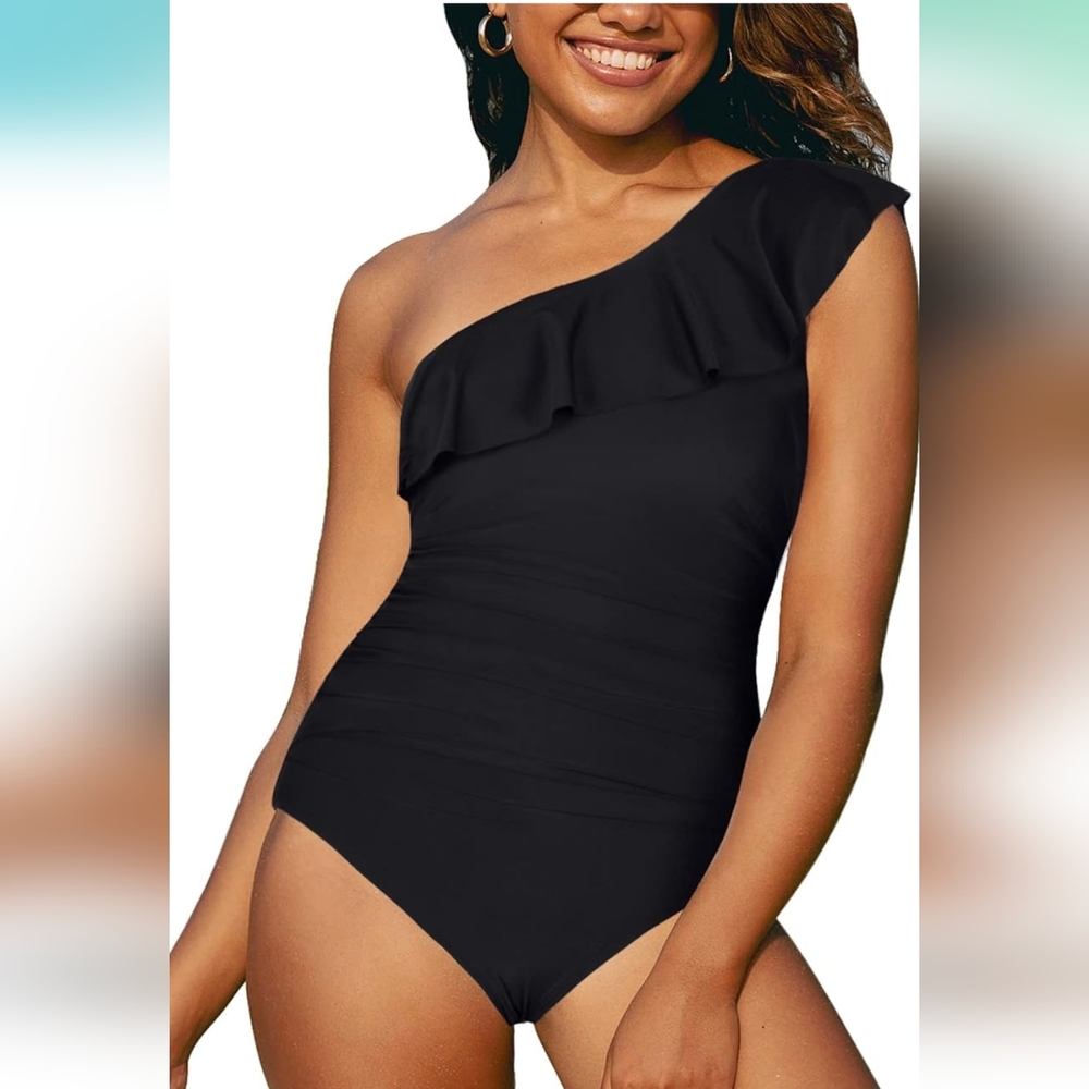 One Shoulder Swimsuits Slimming One Piece Ruffled Asymmetric - Picture 2 of 8